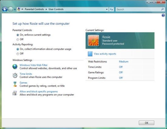 Screenshot of the Parental Controls configuration window in Windows Vista showing options for setting up user controls and restrictions for computer use, including web and game restrictions and time limits.