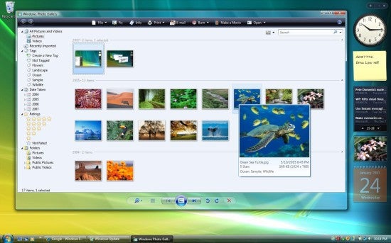 A screenshot of the Windows Photo Gallery feature on a Windows Vista operating system, displaying various thumbnail images of landscapes and nature within the application window, showing the software's user interface and organizational capabilities.