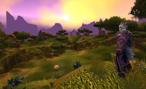 A screenshot from World of Warcraft: The Burning Crusade showing a character in elaborate armor overlooking a picturesque virtual landscape with mountains, a setting sun, and vibrant flora.