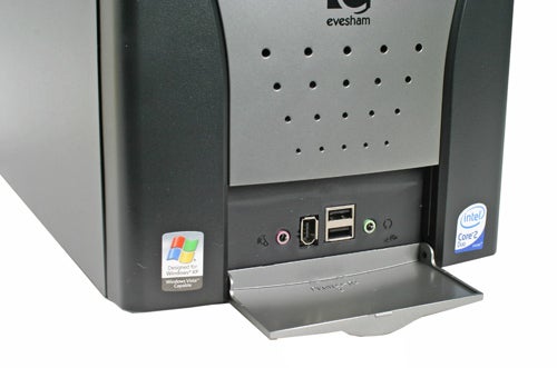 Close-up of the back panel of an Evesham Solar Storm 731 desktop computer, showing the USB ports and branding stickers, including Intel Core 2 Duo and Designed for Windows XP.
