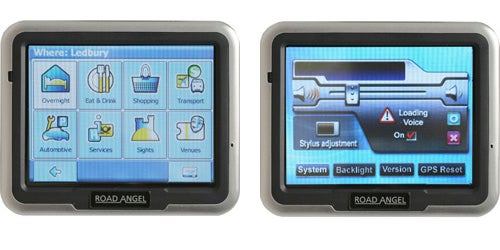 Two Road Angel Navigator 6000 devices displaying different screens; the left shows a menu with location categories, and the right shows system settings including stylus adjustment and backlight options.