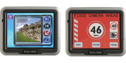 Road Angel Navigator 6000 GPS device showing navigation screen on the left with a landscape view and menu buttons, and safety camera alert screen on the right indicating a fixed camera ahead with speed limit signage.