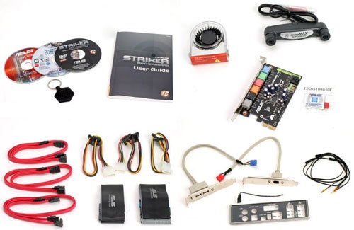 An assortment of computer components and accessories laid out on a white background including an Asus Striker Extreme motherboard manual, cables, driver discs, and a fan controller.