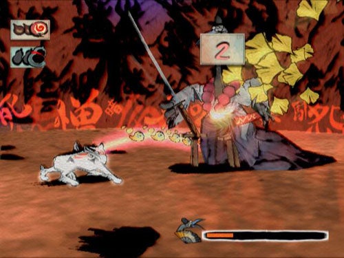 Screenshot from the video game Okami showing the main character, Amaterasu in wolf form, in combat with a dark creature against a fiery background with stylized Japanese calligraphy art elements.
