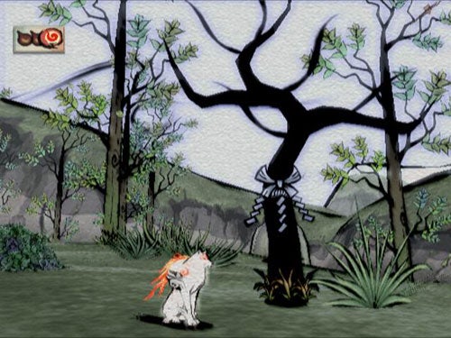 Screenshot from the video game Okami depicting the main character, the white wolf Amaterasu, standing in a stylized ink-and-wash painting-like environment with a large bare tree and small green shrubs.