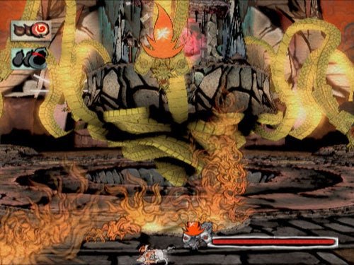 Screenshot from the video game Okami showing the player character, Amaterasu, in wolf form engaged in a battle with a multi-headed serpent boss, featuring stylized graphics reminiscent of traditional Japanese ink art with a prominent health gauge at the bottom.