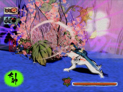 Screenshot from the video game Okami showcasing the main character, Amaterasu, in wolf form, performing an action in a vibrant, stylized Japanese environment with a blossom tree and traditional structures.