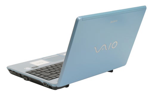 Sony VAIO VGN-C2SL light blue laptop with open lid, showing black keyboard and branding on cover.