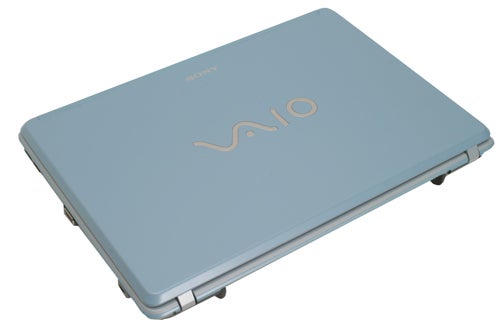 Closed Sony VAIO VGN-C2SL laptop in sky blue color with the VAIO logo visible on the lid.