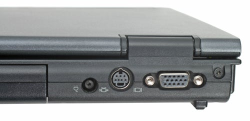 Close-up of the left side of an HP Compaq nc6400 laptop showing the connectivity ports, including a VGA port, an S-video port, and two USB ports against a white background.