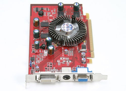 Sapphire X1050 graphics card with red PCB, aluminum heatsink, VGA and DVI ports visible.