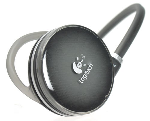Logitech FreePulse Wireless Headphone with black earpiece and grey ear hook, featuring the Logitech logo on the exterior.