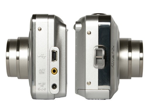 Side-by-side comparison of the left and right profiles of the Fujifilm FinePix A700 digital camera, showing the lens retracted on one side and the connectivity ports on the other.