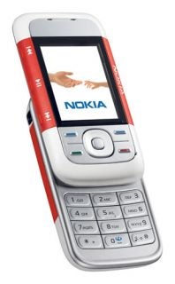 Nokia 5300 XpressMusic mobile phone with a white and red color scheme, slide-up design revealing a numeric keypad, and a screen displaying the Nokia logo.