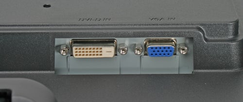 Close-up of the Acer AL2216w monitor's input ports showing a DVI, VGA, and power connection.