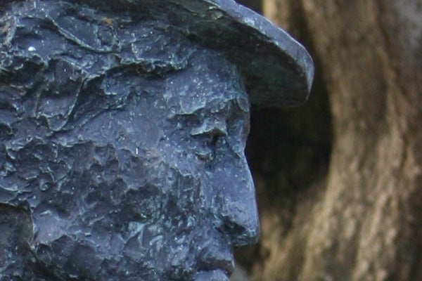 A close-up of a blue-toned, textured statue depicting the profile of a face, possibly taken with a Canon EOS 400D to demonstrate the camera's detail capture capability in low color saturation scenarios.