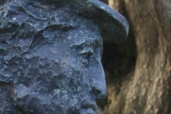 Close-up of a blue textured statue with a brimmed hat against a blurred tree background.