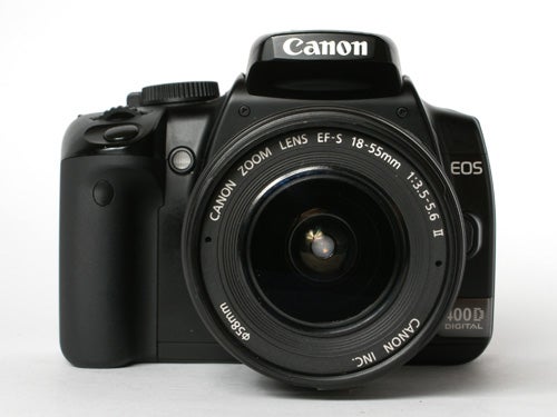 Canon EOS 400D DSLR camera with 18-55mm lens, front view on a white background.