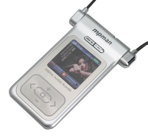 MPMan digital audio player hanging by its lanyard, displaying a colorful screen with album artwork and playback options.