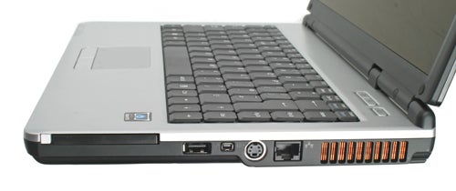 Side view of a Rock Pegasus 335 laptop displaying its ports and the distinctive orange cooling vent.