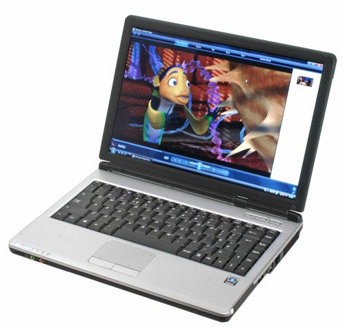 Laptop displaying an animated movie scene on the screen, presumably for product review purposes related to Rock Pegasus 335.