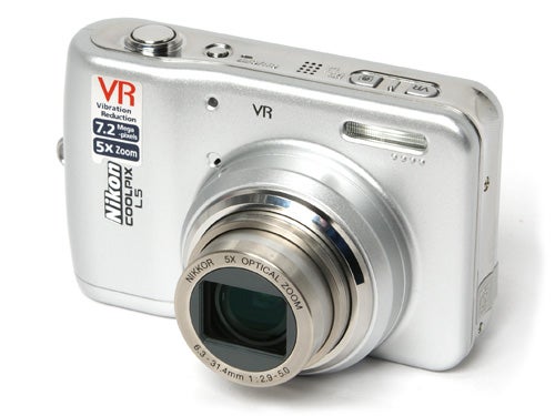 Nikon CoolPix L5 digital camera with visible VR (Vibration Reduction) label, 5x optical zoom, and 7.2 megapixel resolution, showcased on a white background.