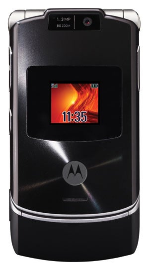 Motorola MOTORAZR V3xx flip phone shown closed with external display featuring a clock and wallpaper, 1.3 MP camera above the screen, and the Motorola logo centered on a black and silver body.