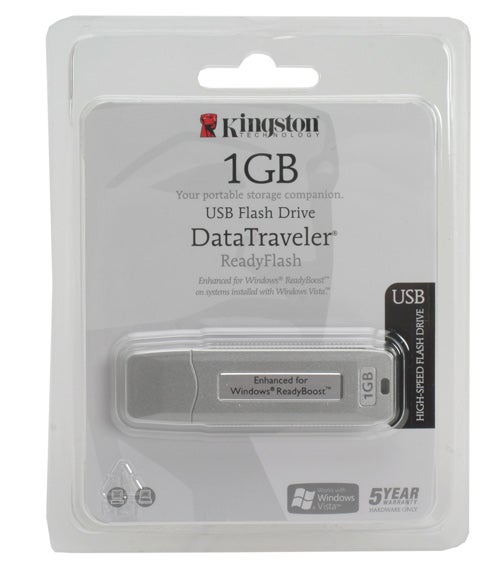 Kingston 1GB DataTraveler ReadyFlash USB flash drive in sealed retail packaging, highlighting compatibility with Windows ReadyBoost and a 5-year warranty.
