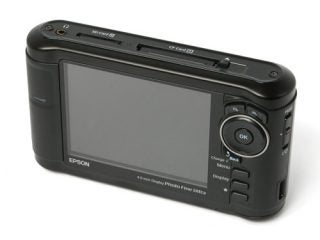 Epson P-5000 Multimedia Storage Viewer with a 4-inch LCD screen displayed on a white background, showcasing its various input slots and control buttons.