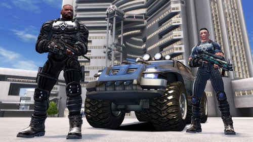 Two characters from the video game Crackdown standing next to an armored vehicle in an urban environment.
