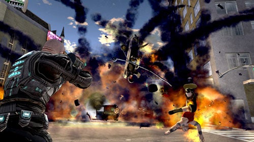 A scene from the video game Crackdown showing a character in armor watching an explosion where a vehicle is being thrown into the air amidst flames and debris.