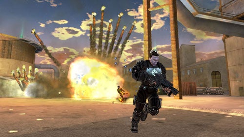 Screenshot from the video game Crackdown showing a character in futuristic armor running towards the camera with an explosion in the background.