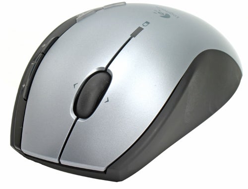 Logitech MX610 Left-Hand Cordless Mouse on a white background, showcasing its ergonomic design and programmable buttons.