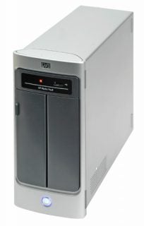 HP MediaVault mv2020 external network storage unit on a white background, featuring a vertical design with silver casing, black front panels, and HP branding at the top front.