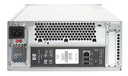 Rear view of HP MediaVault mv2020 showing power supply, fan grill, and connectivity ports including USB and Ethernet.