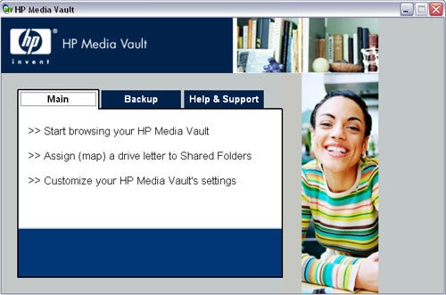 HP MediaVault mv2020 software interface on a computer screen with options for Main, Backup, and Help & Support, and a smiling person in the customer support section.