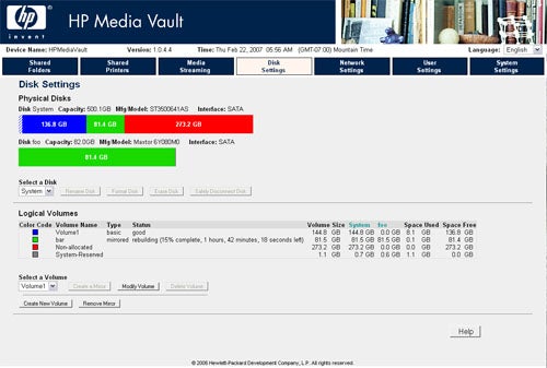 Screenshot of HP MediaVault mv2020's web-based management interface displaying disk settings, including physical and logical volume information.