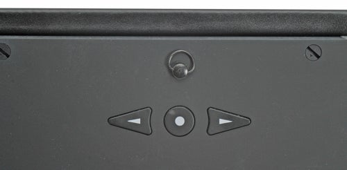 Close-up of the control buttons on a Parrot 7-inch Bluetooth Photo Viewer, featuring a power button surrounded by left and right arrow buttons.