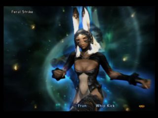 Screenshot from Final Fantasy XII showing the character Fran performing the Feral Strike move with the Whip Kick option highlighted.
