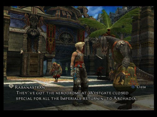 A screenshot from Final Fantasy XII showing a character in the game standing in a detailed outdoor environment with structures reminiscent of a city, conversing with a non-player character as indicated by the dialogue box on the bottom of the screen.