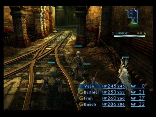Screenshot of Final Fantasy XII gameplay showing characters Vaan, Balthier, Fran, and Basch in a dungeon environment with a battle interface displaying character health and mana points.