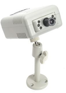 Solwise PLA-14WCAM HomePlug Camera with a white finish, featuring a front-facing lens, infrared LEDs for night vision, and an adjustable mounting stand.