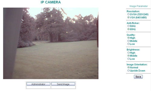 Image of a computer interface for a Solwise PLA-14WCAM HomePlug Camera showing a view of a grassy outdoor area with trees, accompanied by camera setting options such as resolution, anti-flicker, quality, brightness, and image orientation.