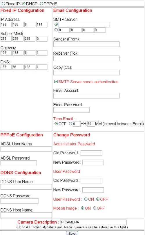 The image shows a configuration interface for a network-connected device, with multiple sections for setting up features like Fixed IP, Email, PPPoE, DDNS, changing passwords, and camera description. There are various text fields and toggle options presented for the user to input their network settings, email configuration for alerts, and other preferences. The layout is typical of a web-based management system for a network device, with a focus on user customization and security settings.
