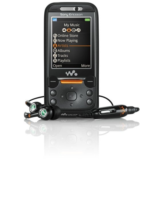 Sony Ericsson W850i mobile phone with Walkman music player interface on screen and branded headphones, set against a white background.