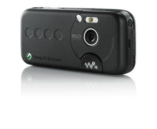 Black Sony Ericsson W850i slide phone with 2.0-megapixel camera, dedicated music buttons, and logo displayed on a white background.