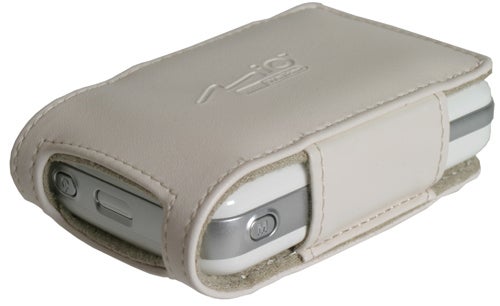 Mio DigiWalker H610 portable GPS device in a white leather case with the Mio logo visible on the top, showing the power and volume buttons on the side.