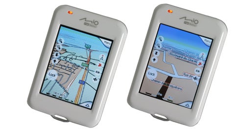 Two Mio Digiwalker H610 portable GPS devices side by side with navigation screens displayed showing different map views and route information.