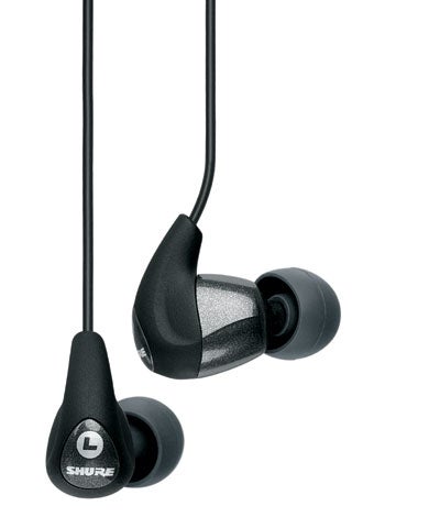 Shure SE420 Noise Isolating Earphones with black foam ear tips hanging against a white background.