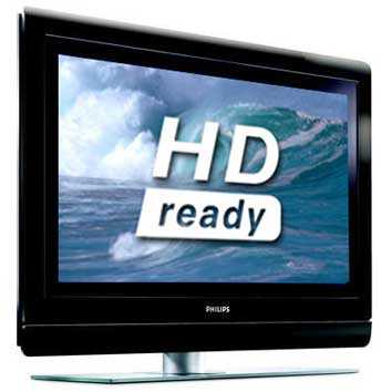Philips 32PF9641D 32-inch LCD TV on display with the screen showing an image of a wave and the text 